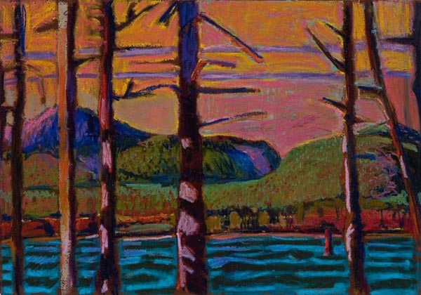 Acadia Through Trees II<br/>13x19"<br/>Oil Pastel on Prepared Paper