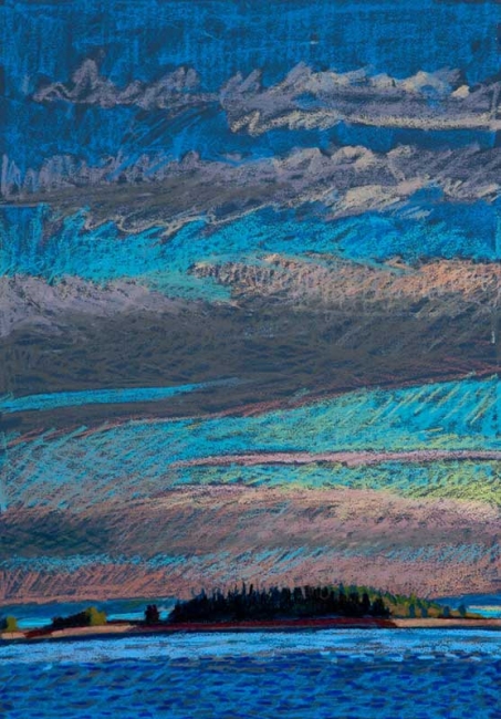 Pond Island Below Sky<br/>27 x 19"<br/>Oil Pastel on Prepared Paper