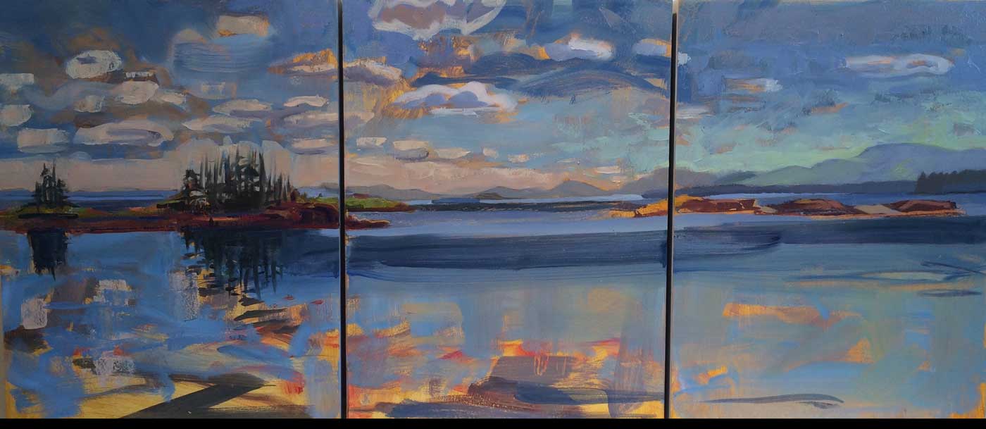 As We Sit Here<br />14 x 33" in 3 panels<br />Oil on Panel