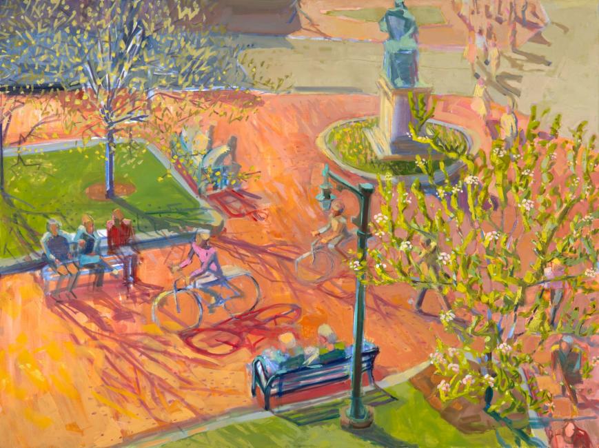 Bicycling in the Square<br />36 x 48"<br />Oil on Canvas
