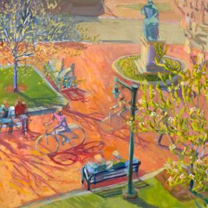 Bicycling in the Square36 x 48"Oil on Canvas