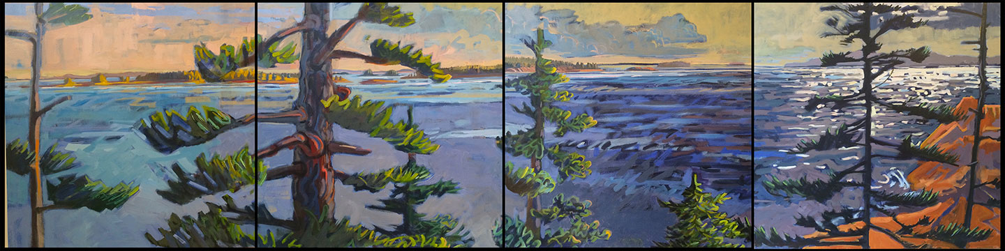 Trees Hold Bay<br/>30 x 120" in 4 square panels<br/>Oil on Canvas